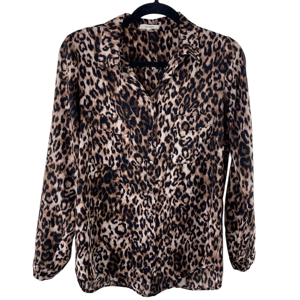 Pleione Women’s Leopard Cheetah Long Sleeve Shirt Blouse Sz S